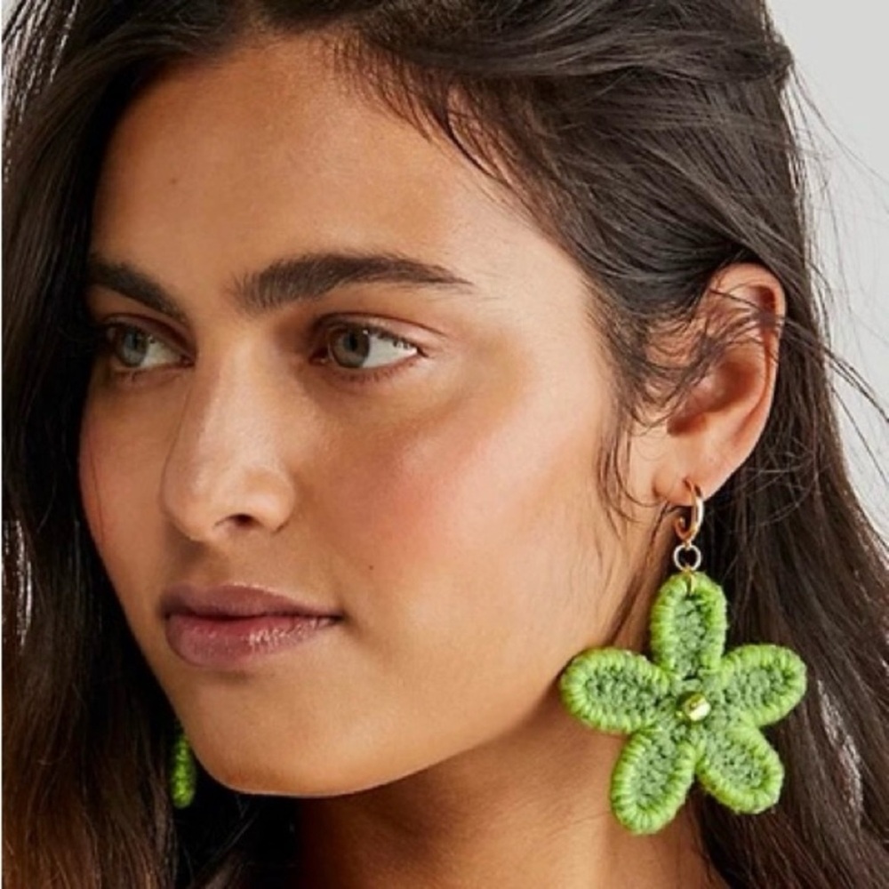 Free People Dahlia Crochet Huggie Hoop Earrings Green